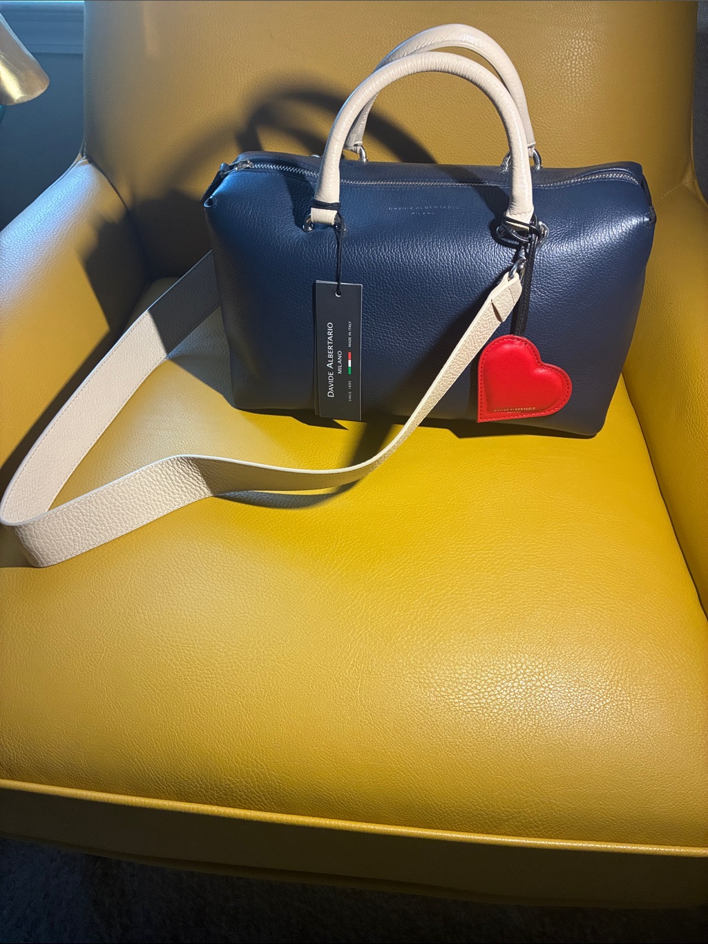 Leather Top-Handle Satchel In Navy With Cream Handles And Red Heart Charm